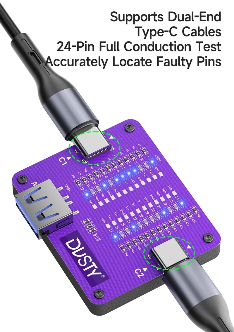 Dusty TC-24 Phone Fast Charging Cable Testing Device Type-C/USB Dual Ended Port Tester with Bulit-in Battery For Phone Repair