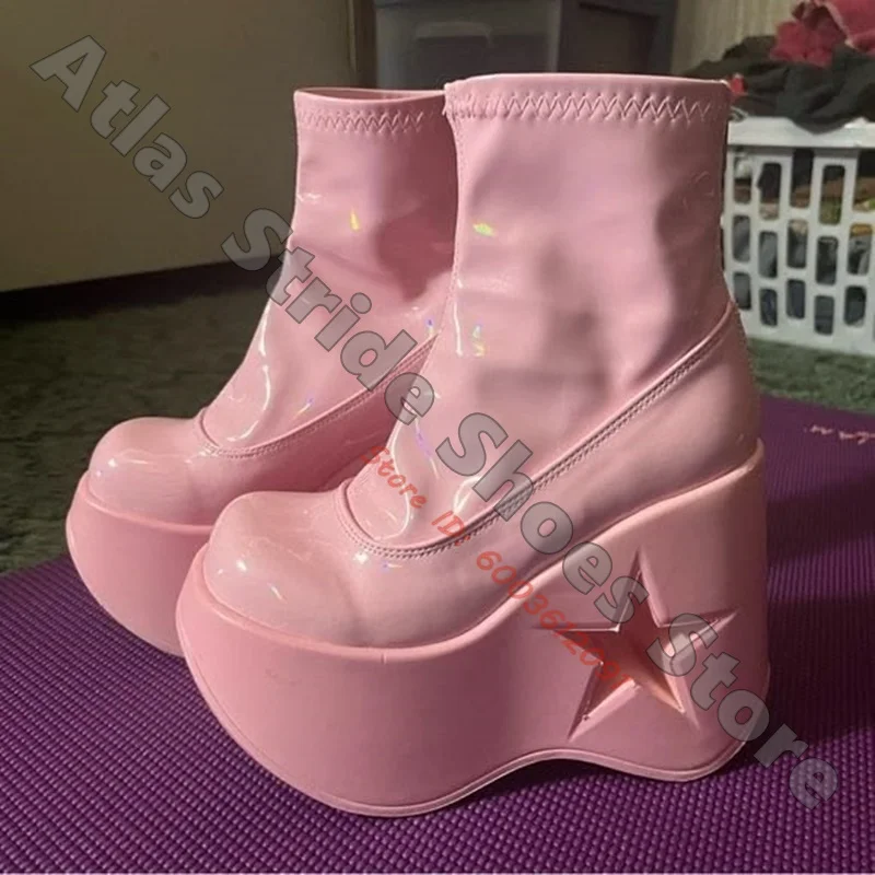 Star Cutout Platform Wedge Ankle Boots Pink Holographic Stretch Vegan Leather Gothic Punk Cosplay Festival Streetwear Shoes