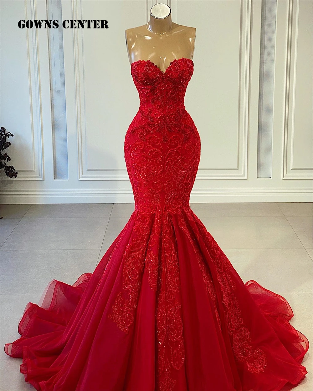 Red Beaded Lace Applique Mermaid Wedding Dress Dubai Vestido De Noiva Luxury Sweetheart Engagement Dress Middle East Customized