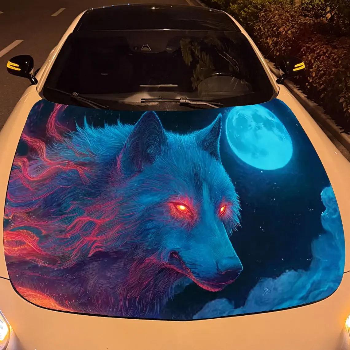 ملصق غطاء السيارة بتصميم Blue Night Moon Wolf ملفوف من الفينيل الملون المقاوم للماء للشاحنات ورسومات بونيه المزخرفة وإمكانية الوصول التلقائي