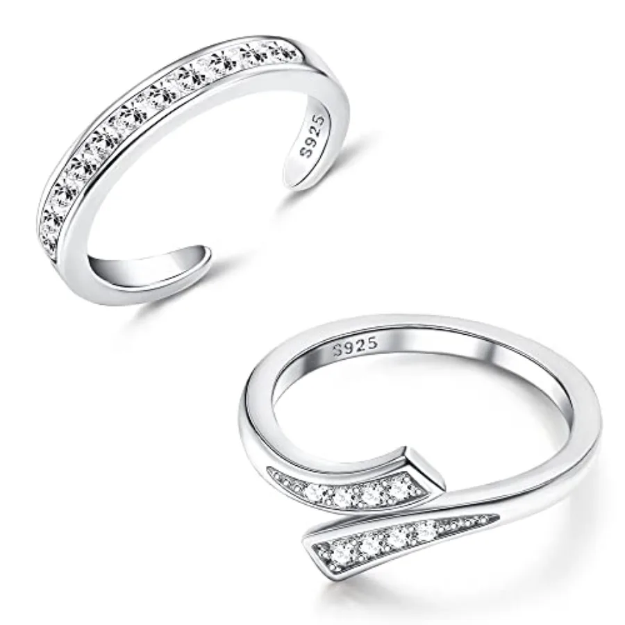 

2Pcs Sterling Silver Toe Rings Set Cubic Zirconia Adjustable Band Rings Fitted Wrap Around Toe Ring for Women Summer Barefoot J