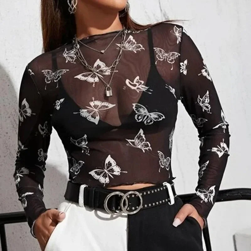 

Fashion Butterfly Printing See-Through Mesh Long Sleeve Spring T-Shirt For Women O Neck Casual Basic Bodycon Sexy Tee Tops YSQ36