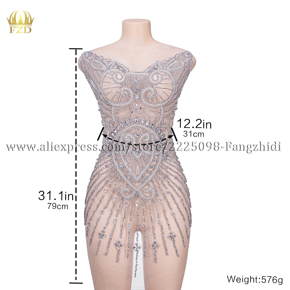 FZD 1 PCS silver Rhinestones Handmade Beautiful Large Bodice Applique Patch Silver Crystals for Evening Bridal Dance Dress DIY