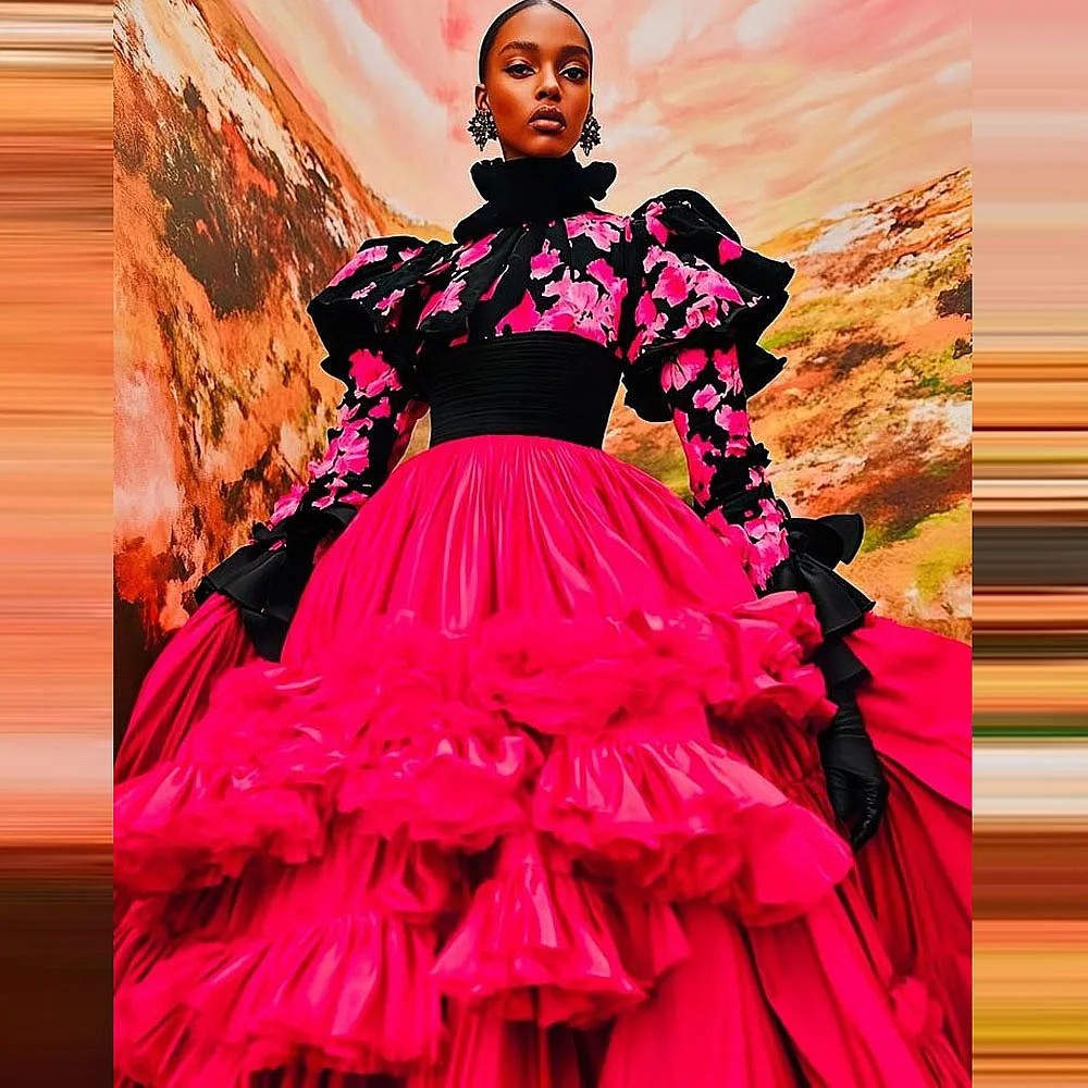 حار الوردي طويل ماكسي تنورة مرونة الخصر المتدرج الكشكشة التنانير الطويلة حزب مساء ارتداء مخصص حفلة موسيقية ارتداء Saia