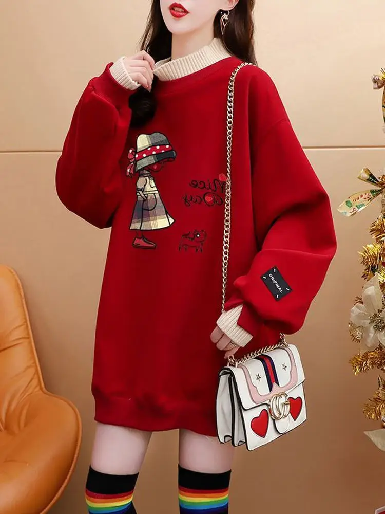 

plus Size Fce Lined Loose Fit Butt Covering Red Sweatirt Women's Comfortable Autumn Winter Casual Print Hoodie