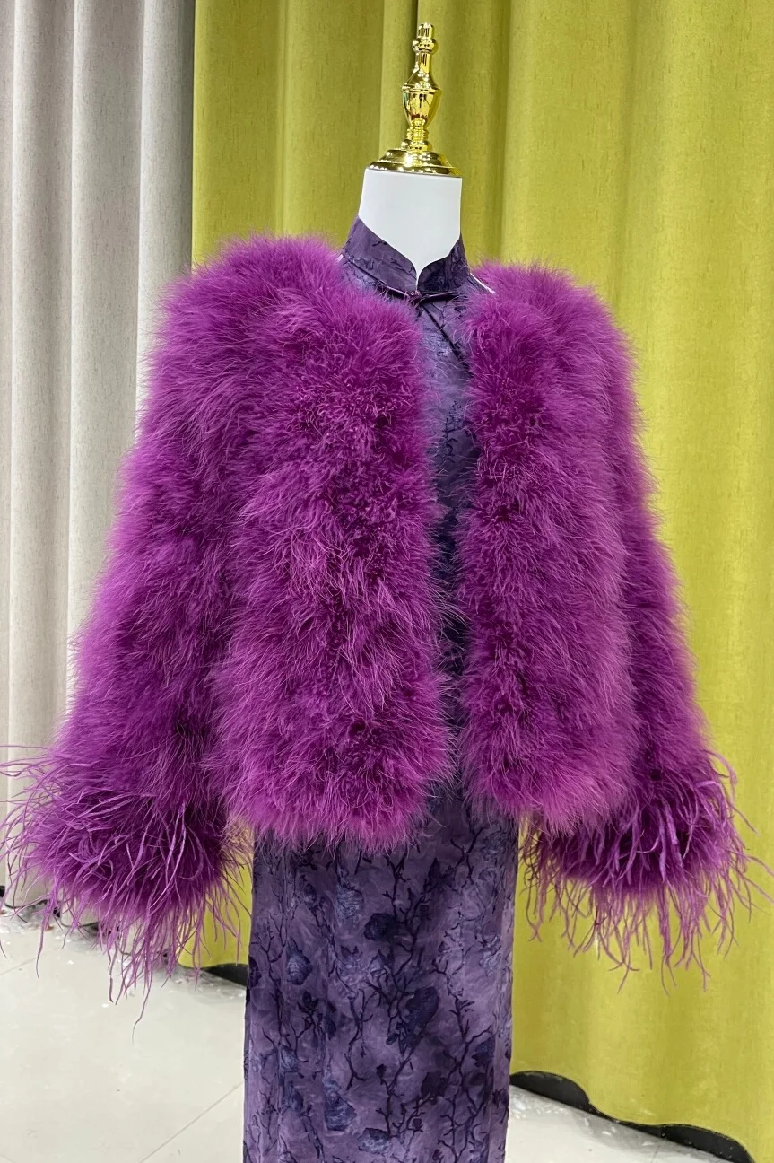 Purple Ostrich Feather Furry Short Coat Women's Winter Warm Outerwear Fluffy Cuff Short Leather Jacket Stylish Outer Shurg