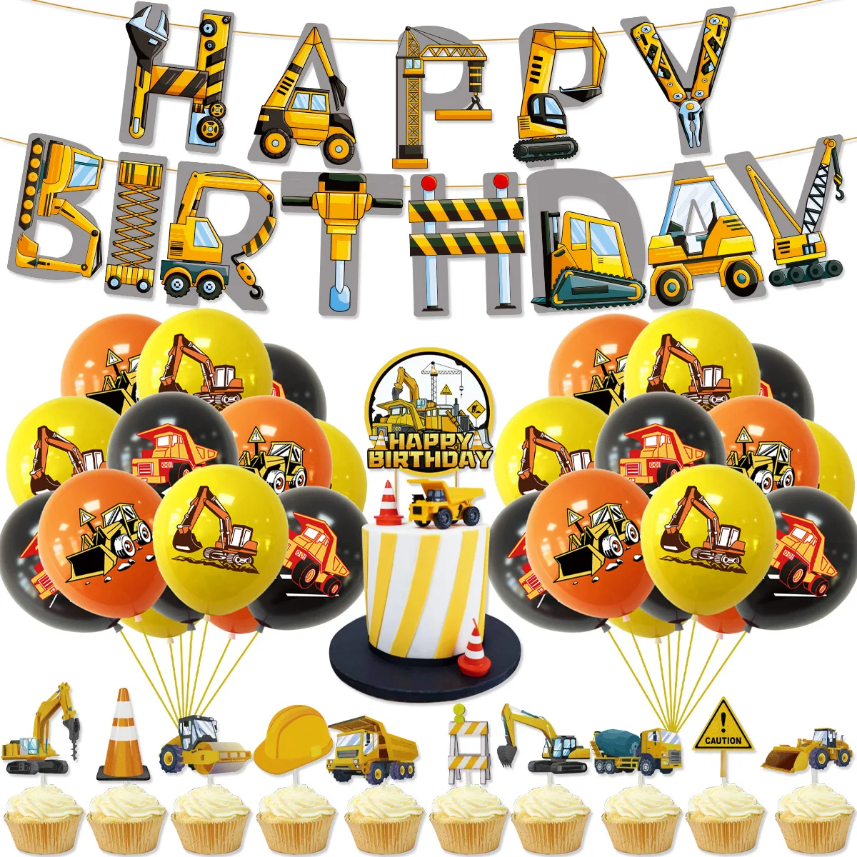 New Product Engineering Vehicle Theme Printing Latex Balloon Digger Truck Boys Birthday Party Decoration Supplies