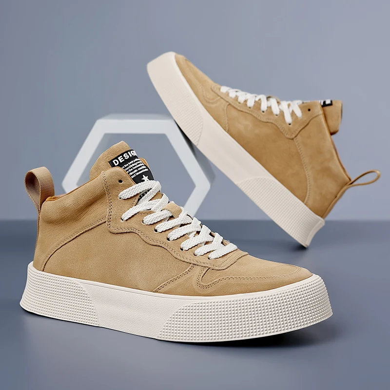 Sepatu Suede pria, trendi merek sepatu High Top Musim Dingin sol tebal warna coklat