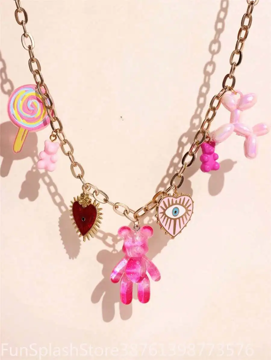 SGIAWETA 1Pc Pink Multi Charm Necklace Rose Heart Eye Bear Dog Lollipop Pendant Funky Jewelry Gift For Women Vacation Dating Party