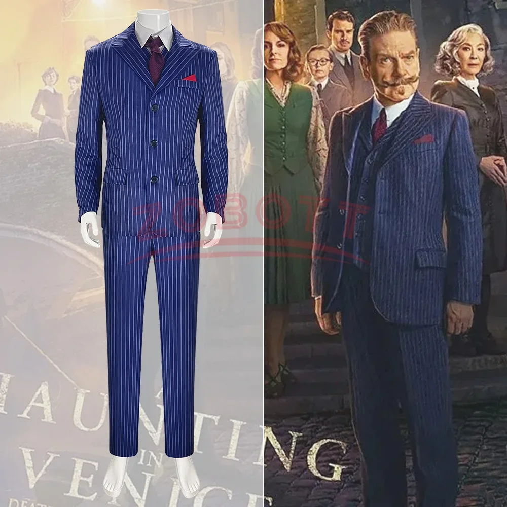 In Stock Hercule Poirot Costume Movie A Haunting in Venice Cosplay Trajes elegante Para Hombres Blue Striped Men's Suit