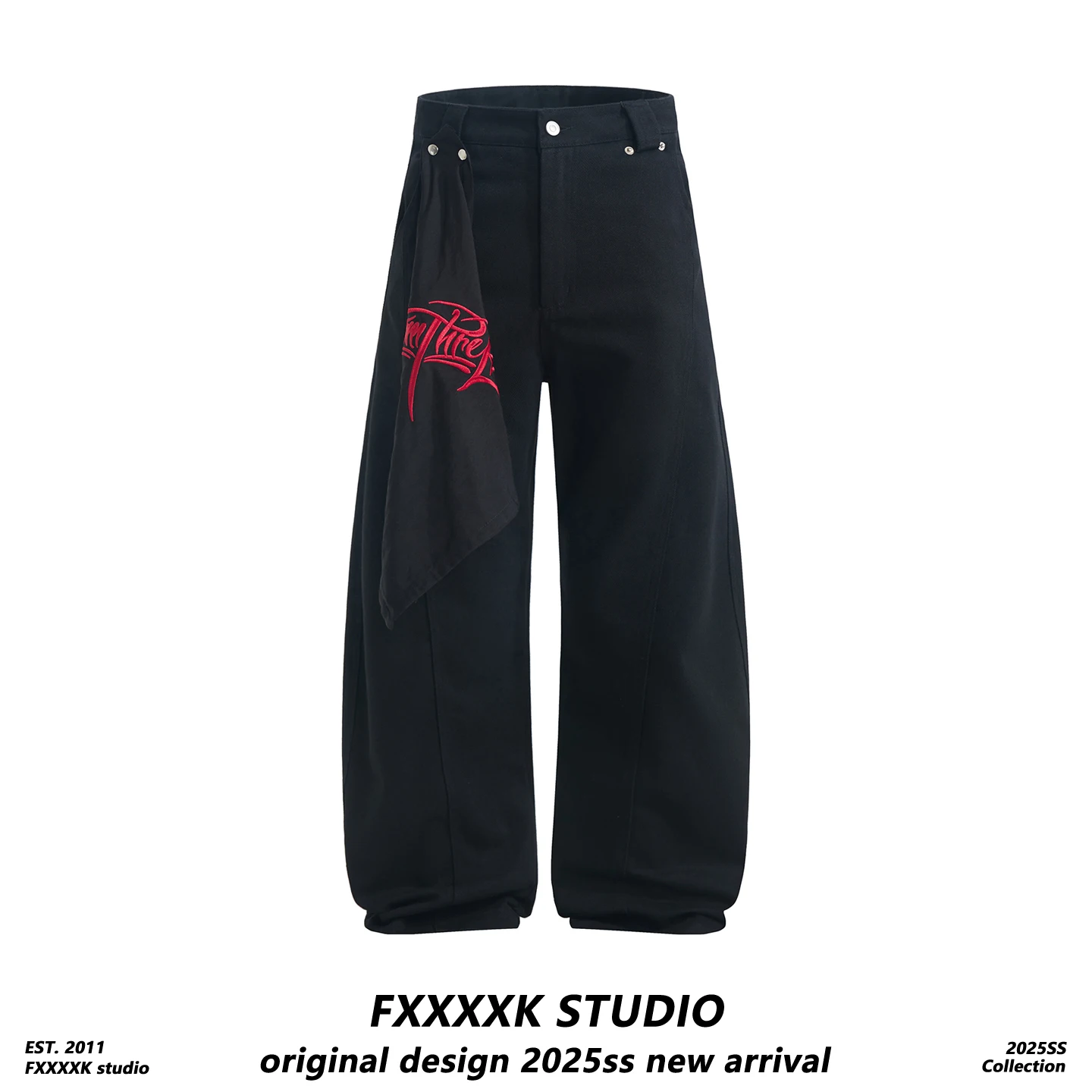 

Оригинальные американские джинсы FXK в стиле High Street с креативным съемным вышитым шарфом, свободные деконструированные брюки с эффектом разрезов