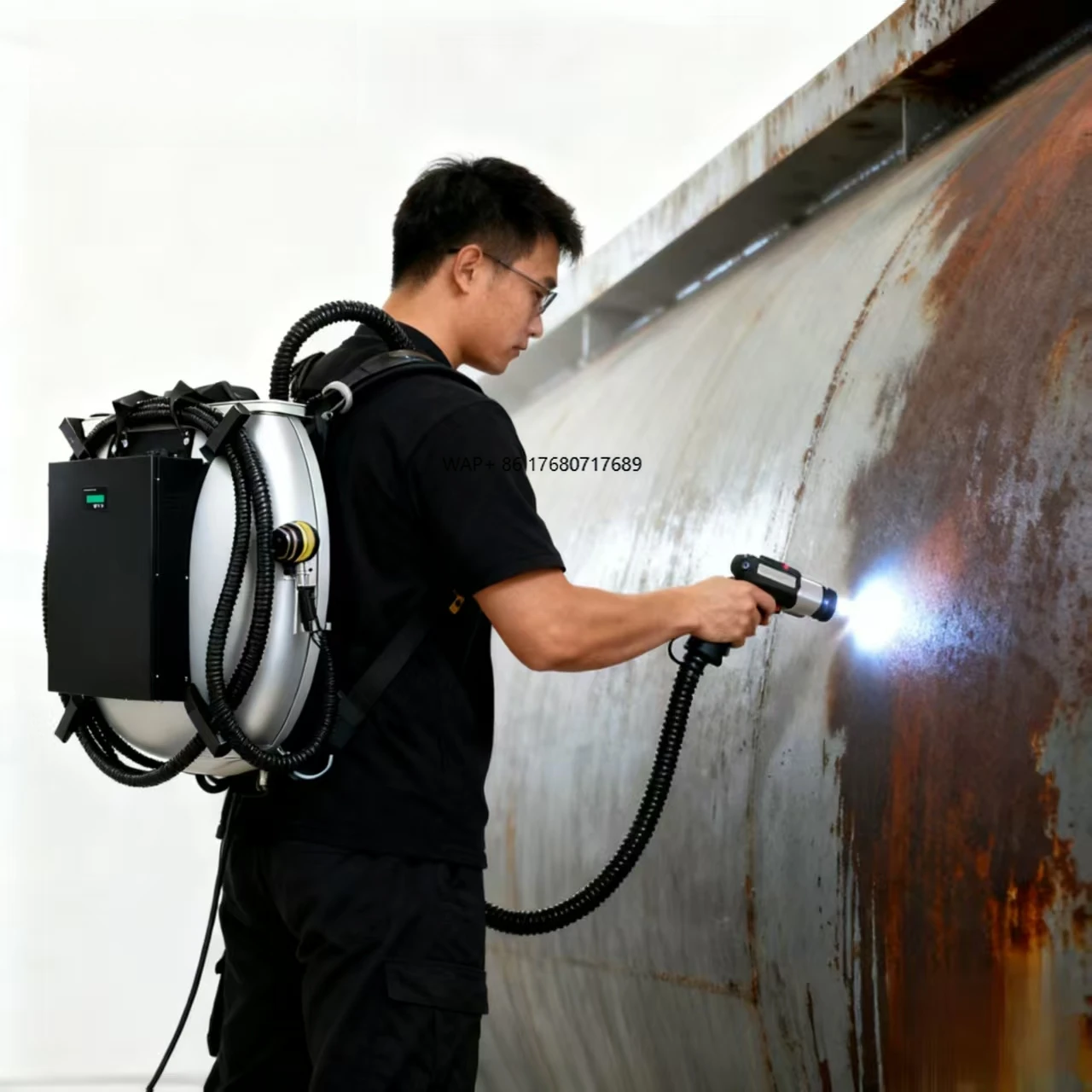 

Backpack pulse cleaning machine removes metal rust paint at high speed