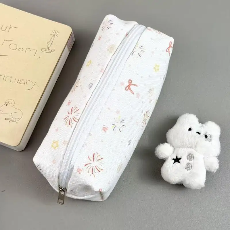 Canvas-Federmäppchen mit Polka-Dot-Schleifen-Katzen-Stern-Druck, robustem Reißverschluss, perfekt für die tägliche Aufbewahrung von Schreibwaren für Schüler. – Detail 5