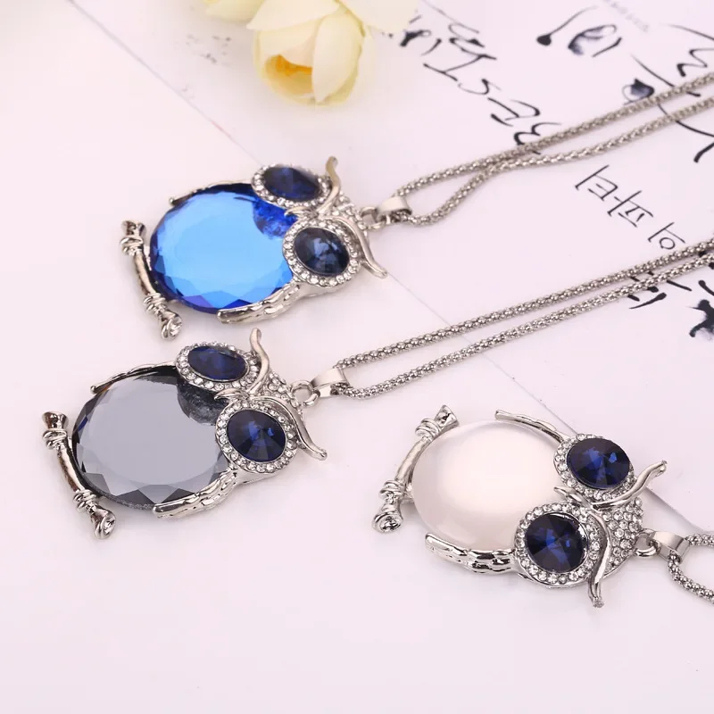 Drop Shipping Vintage Owl Design Rhinestones Crystal Pendant Necklaces Women Sweater Chain Necklace Jewelry Clothing Accessories