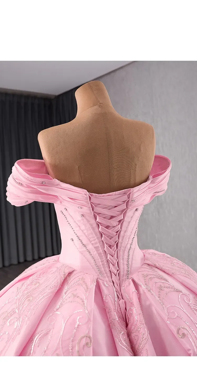 Customized Lovely Blushing Pink Rhinestone Sequins Wedding Dresses 2025 Ball Gown  Short Sleeve Backless Chapel Train Wedding