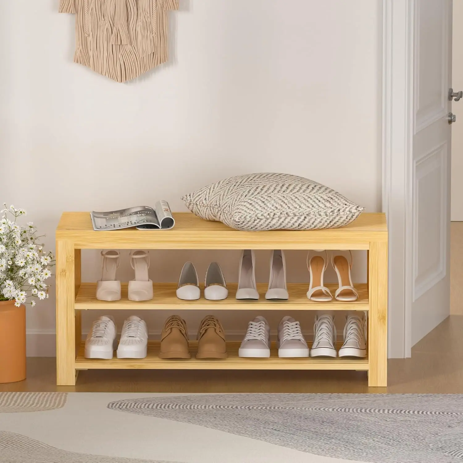 

3-Tier Bamboo Shoe Rack Bench Long Shoe Storage Organizer Bench, Entryway Bench, Shoe Rack for Front Door Entrance