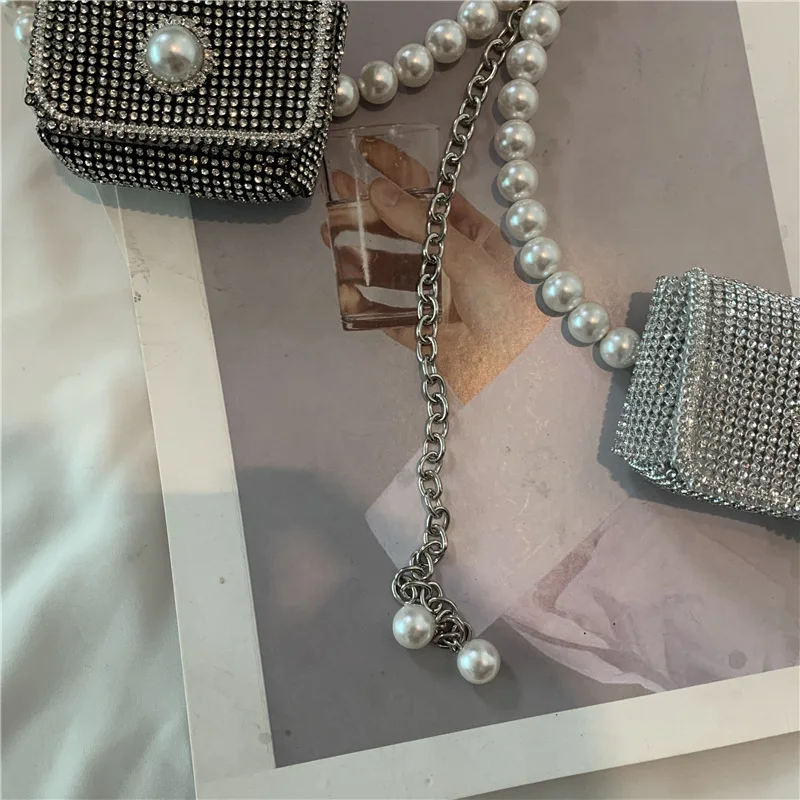 Bling Rhinestones Diamond Long Tassel Belt Pearl Chain Belt Cute Mini Bags for Women Bag Diamond Shoulder Messenger Bag Purse