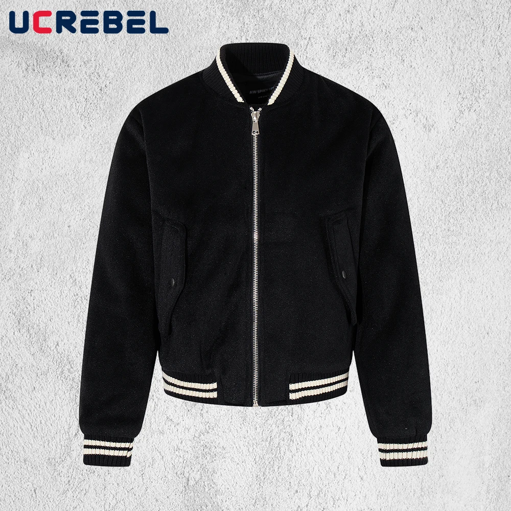 

Contrast Woolen Baseball Jacket Mens Winter High Street Pocket Long Sleeve Loose Stand Collar Quilted Jacket Man