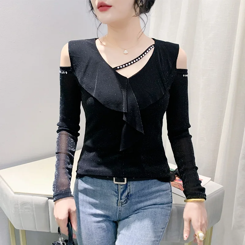 T-shirt Ele Long Sve V-Ne con perline da donna Summer Faion Street Sle Me under irt Top base con orlo in pizzo floreale