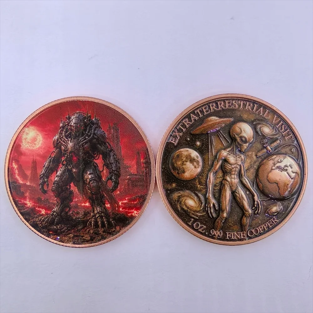 1oz .999 Fine Copper Round Extraterrestrial Visit Cyborg Alien Mech Monster Lava Planet Apocalypse Colorized Sci-Fi Collectible