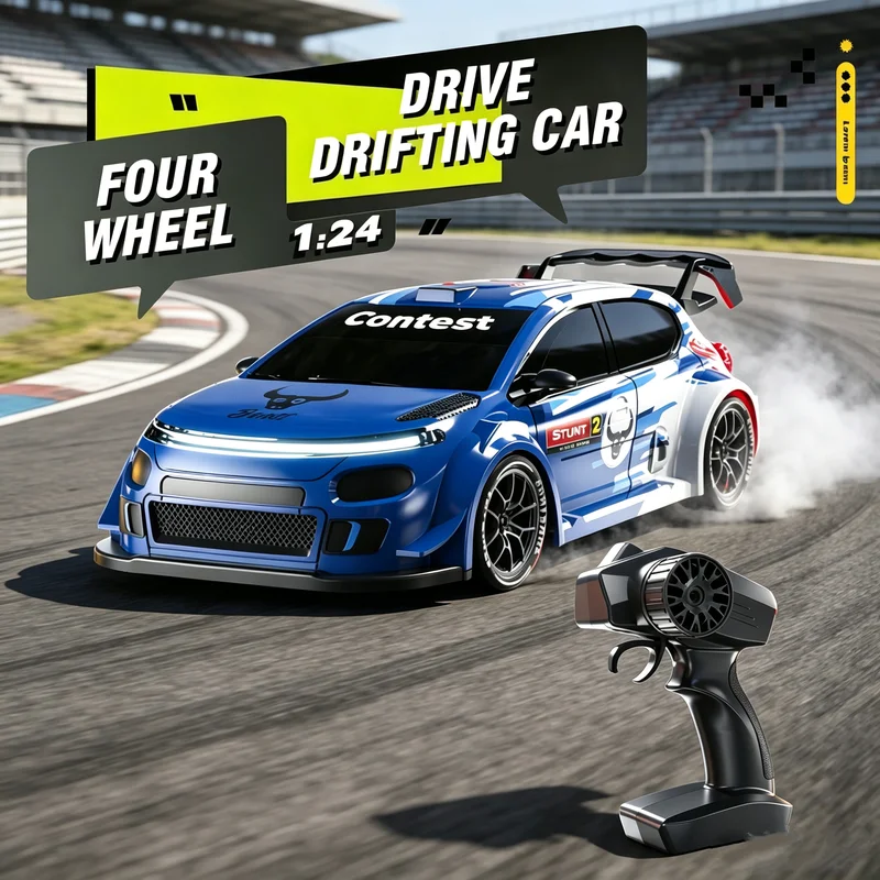 2.4G 1/24 RC Drift Rally Car 4WD High Speed Remote Control Racing Vehicle Model with LED Lights Stickers Kids Toys Boys Gifts