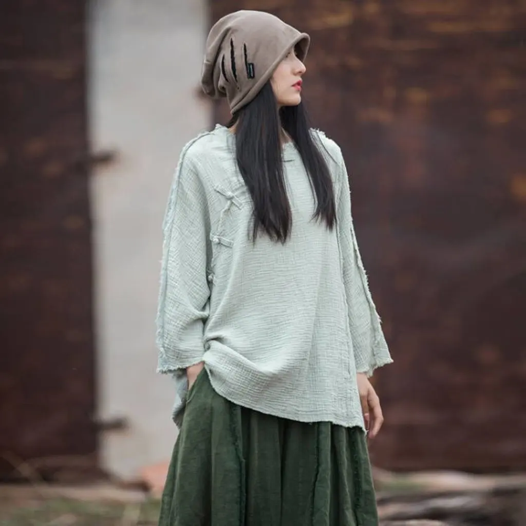 

Женская двухслойная хлопковая футболка с начесом, потертая песком, осень/зима, универсальный топ на пуговицах в стиле дзен