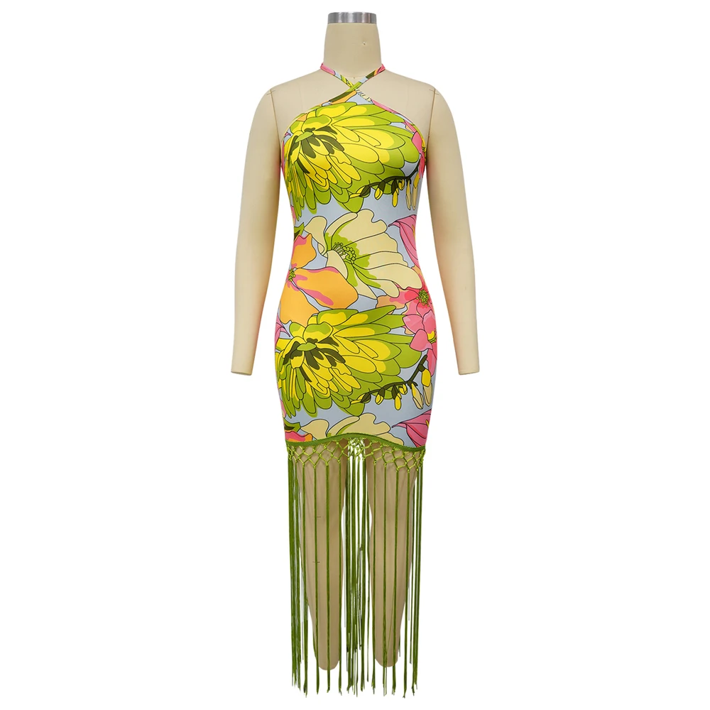 Abito da donna sexy con frange stampate senza maniche con scollo all'americana 2025 Abiti lunghi maxi da sera per feste estive in spiaggia e compleanno