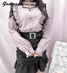 2024 New Love Buckle Choker Pearl Lace Stitching Mine Mass-Produced Long Sleeve Shirt Pink Black Women's Blouses