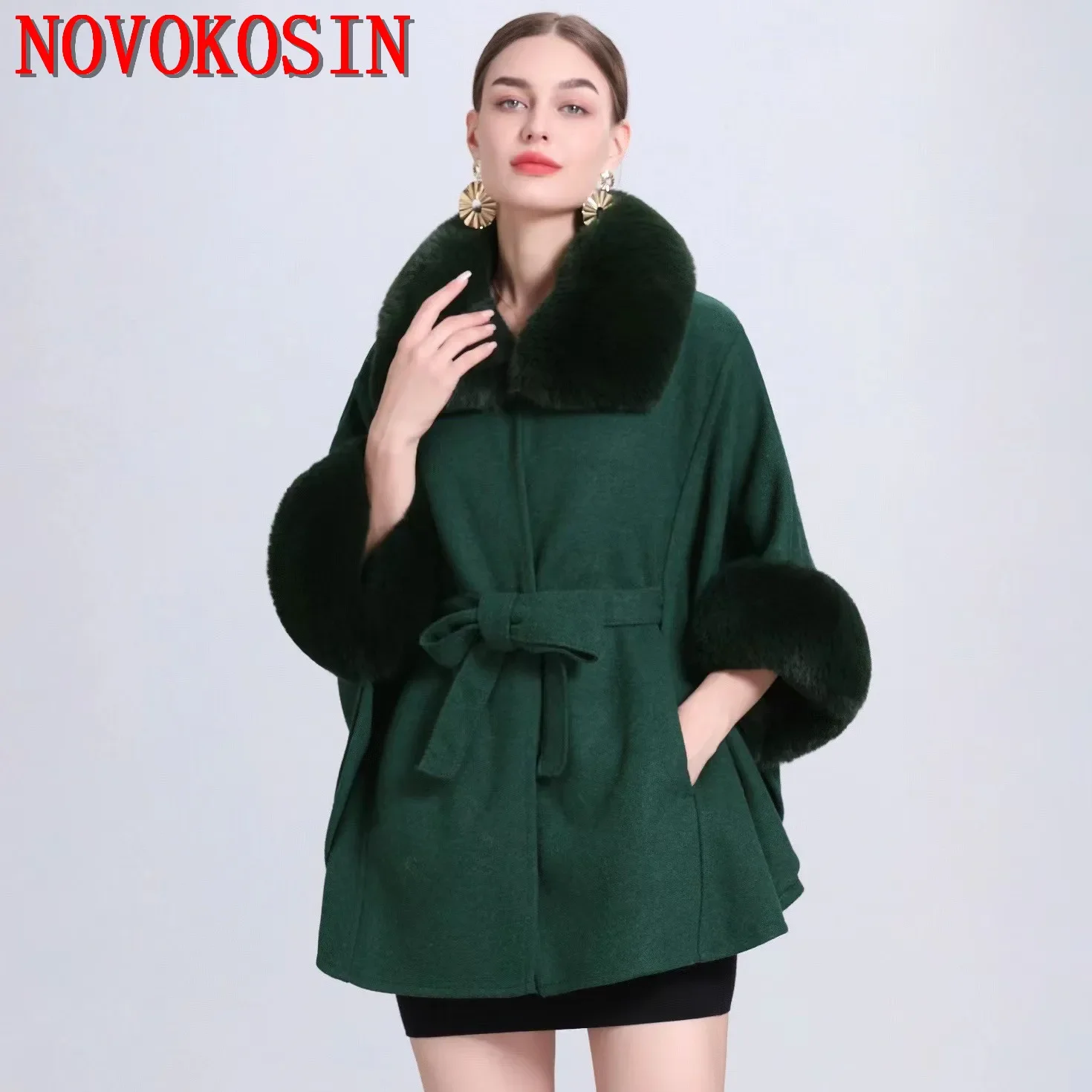 

8 Colors Winter Fake Woolen Streetwear Women Poncho Cloak Faux Rabbit Fur Square Collar Loose Waistband Oversize Pocket Coat