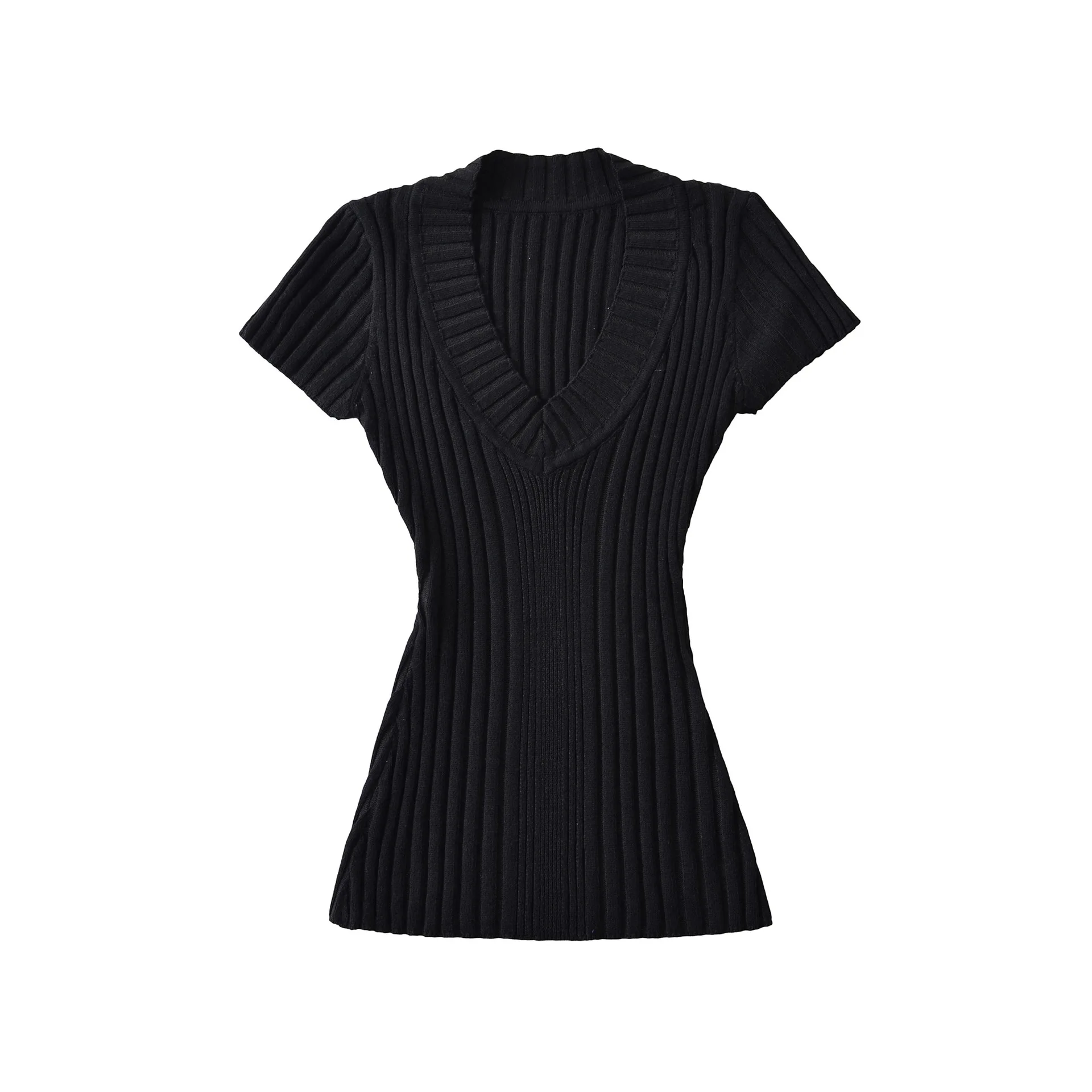Sexy big U-neck short-sleeve knitted top for women new summer style ribbed slim-fit flattering shoulder and waistline W2R5