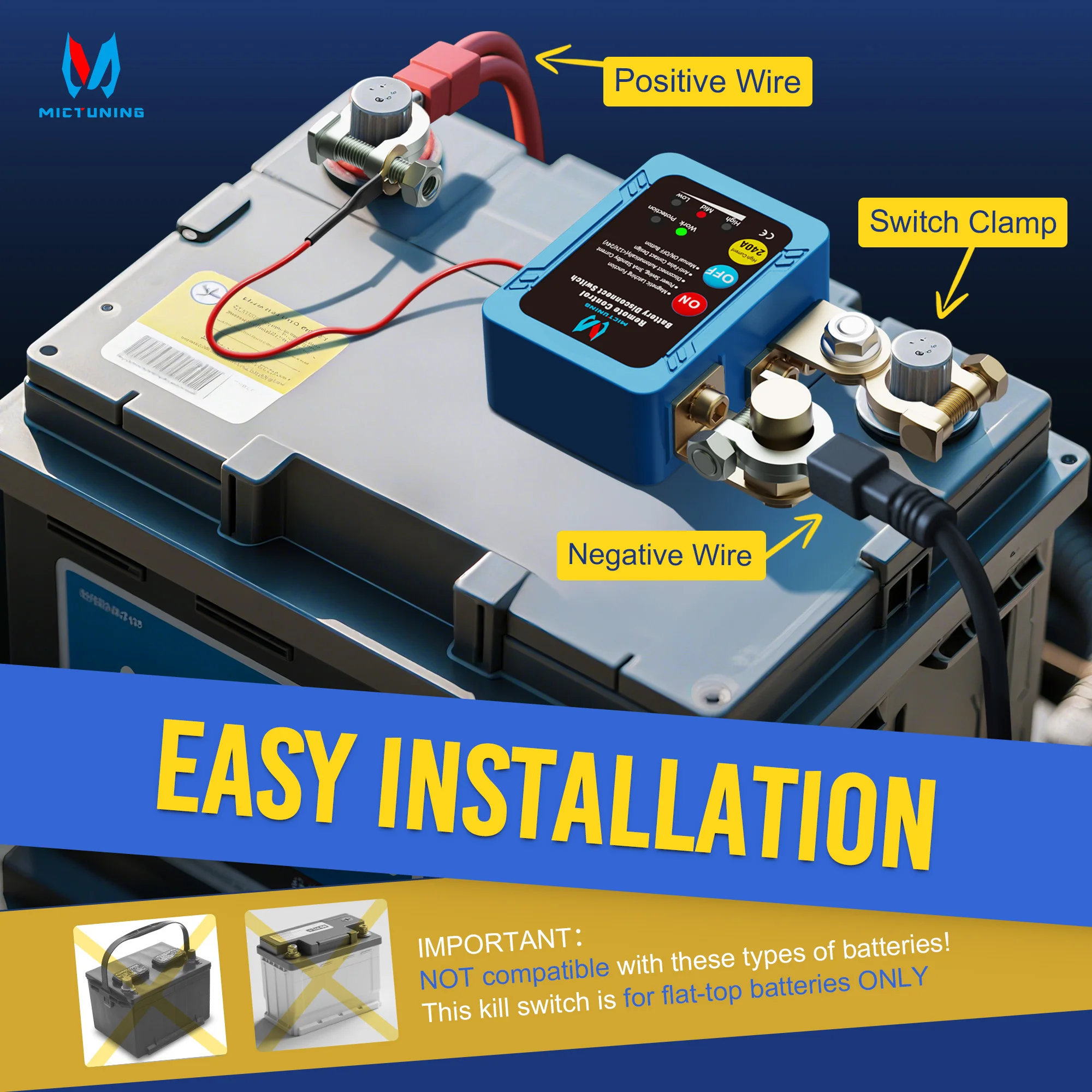 MICTUNING Car Kill Switch Anti-Theft Remote Control 12V 240A Battery Disconnect Isolator Switch Automatic Power Shut Off