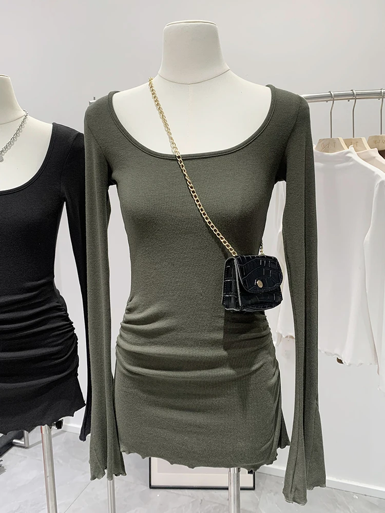 Women's Slim Fit Long Sleeve Square Collar Base Shirt Inner Wear T-Shirt Butt Covering Wrap around Long Length for Shark Pants
