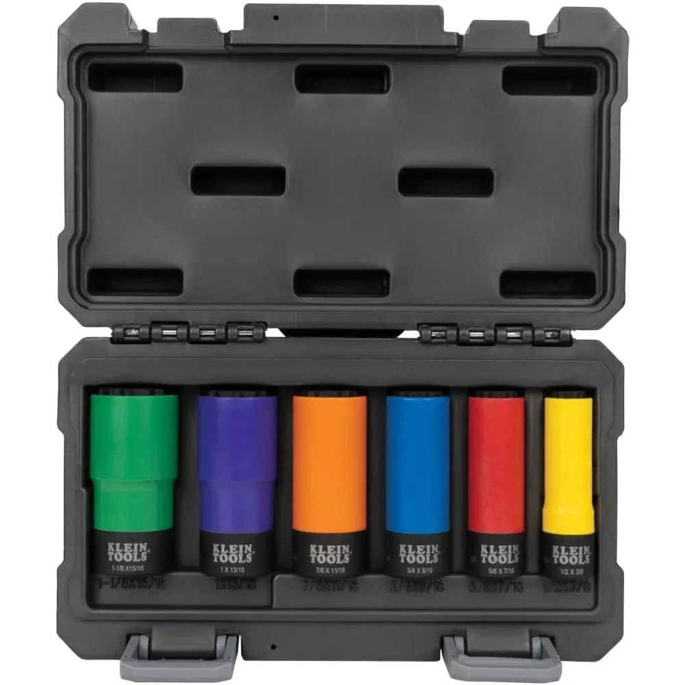 

Klein Tools 66033 1/2-Inch Drive SAE Impact Socket Set with 12-Point Deep Sockets, High Visibility, Color Coated, Case Included