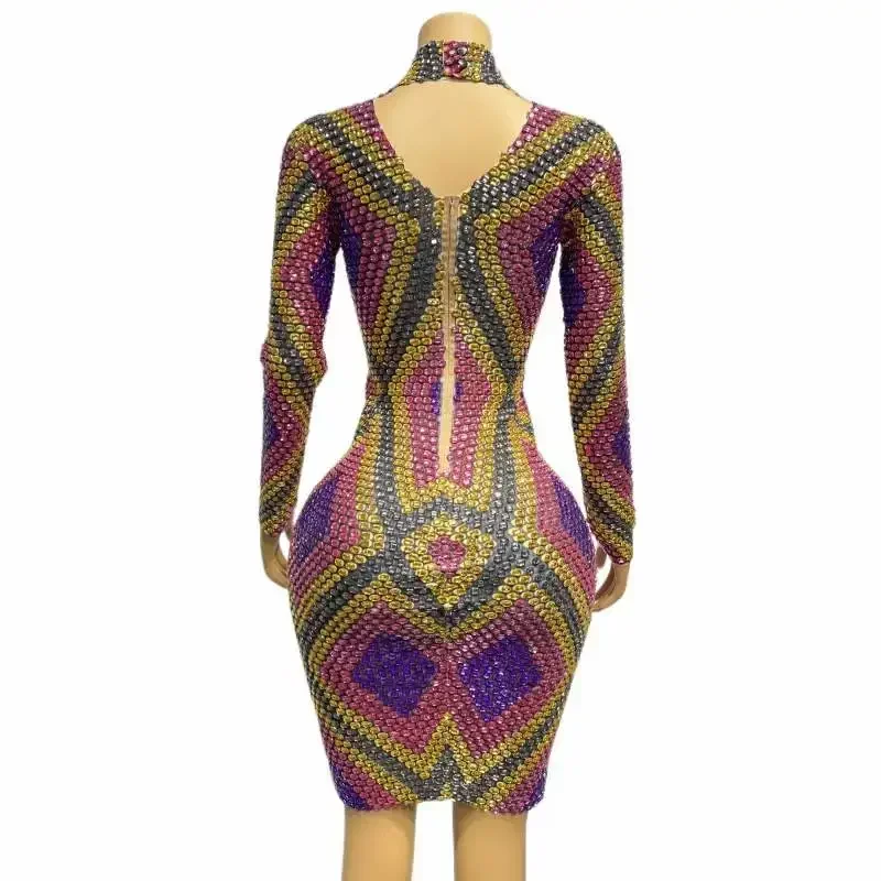 Bling Bling Long Sleeve Women Short Dress Rhinestone Drag Queen Outfit Birthday Stage Performance Costume Celebrate 2023