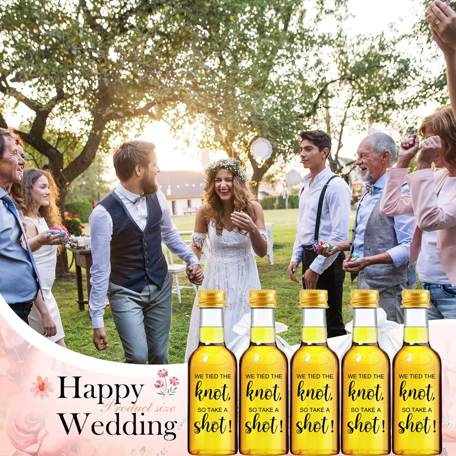 44pcs Mini Clear Plastic Bottle for Wedding, with Caps, with 'WE TIED THE Knot, SO TAKE A Shot!' Labels, for Birthday, Bridal Sh