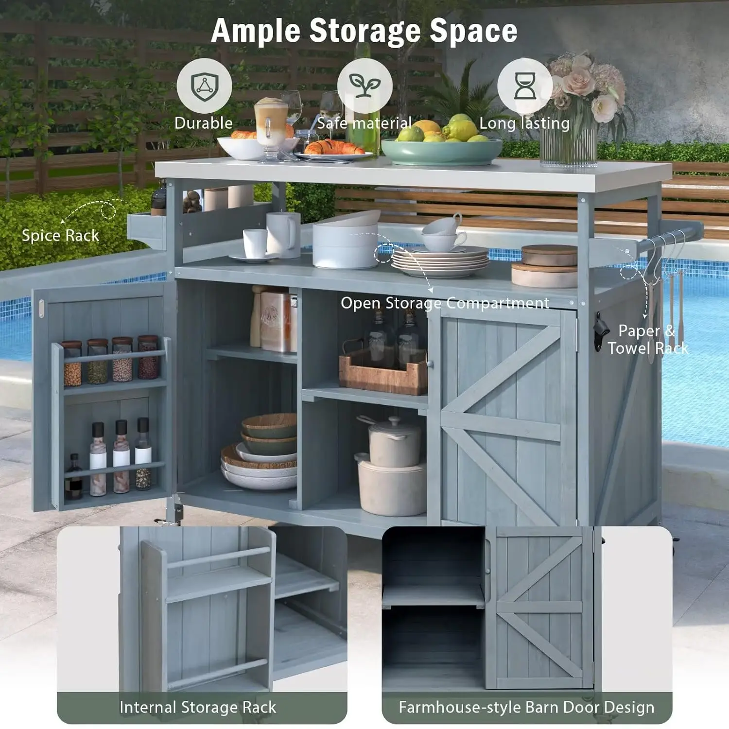 Solid Wood Outdoor Kitchen Cart with Steel Top, Locking Wheels, Cabinet & Spice Rack for Grill Storage, Grey, Customized
