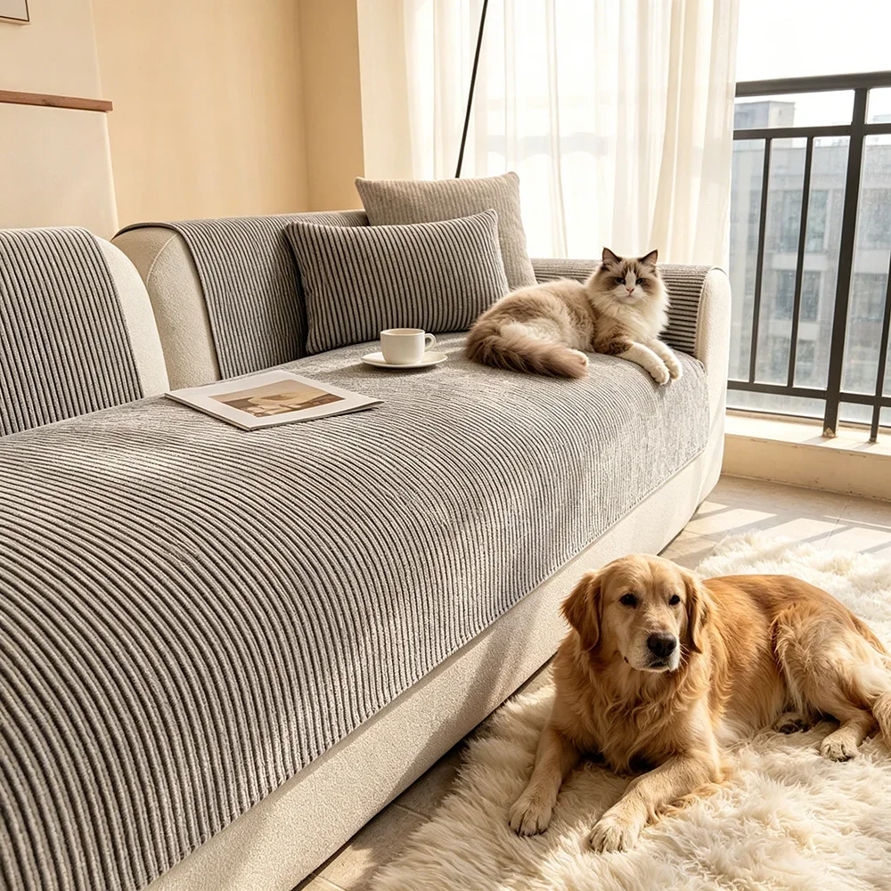 Stripe Chenille Sofa Cushion Cover Autumn Winter Warmth Anti-Cat Scratch Non-Slip for  Sofa Protective Seat Pad Home Living Room