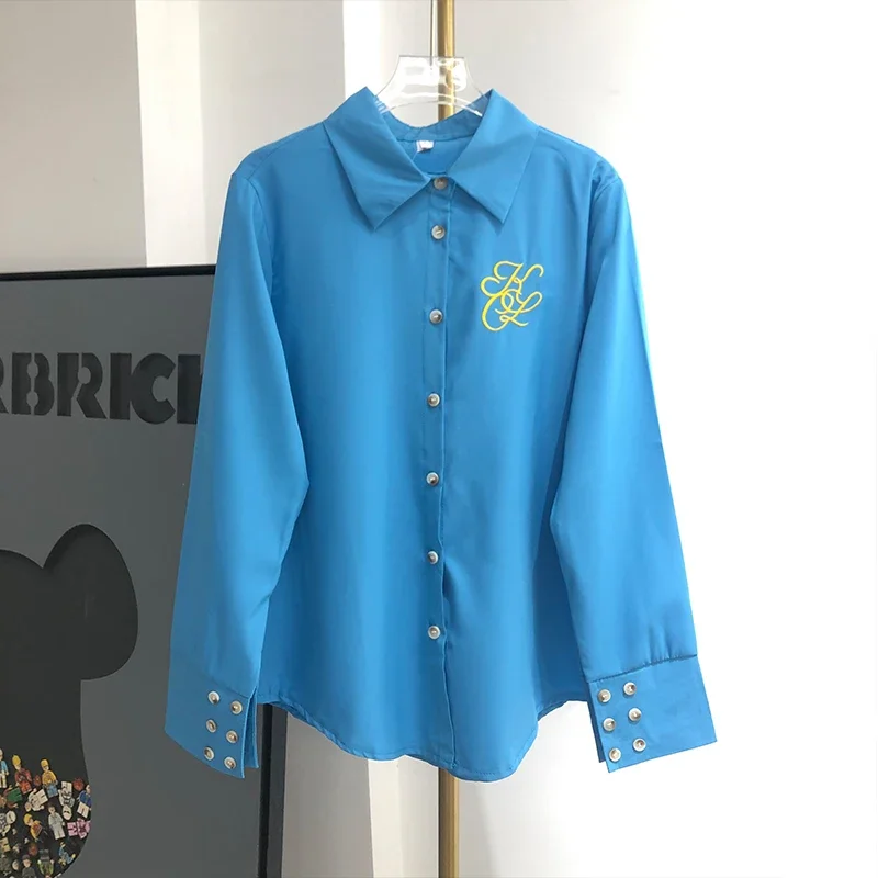 DAYIFUN-Blue Embroidered Blouses for Women,High Grade Loose Casual Tops,Temperament Foreign,Spring Summer New Blusas