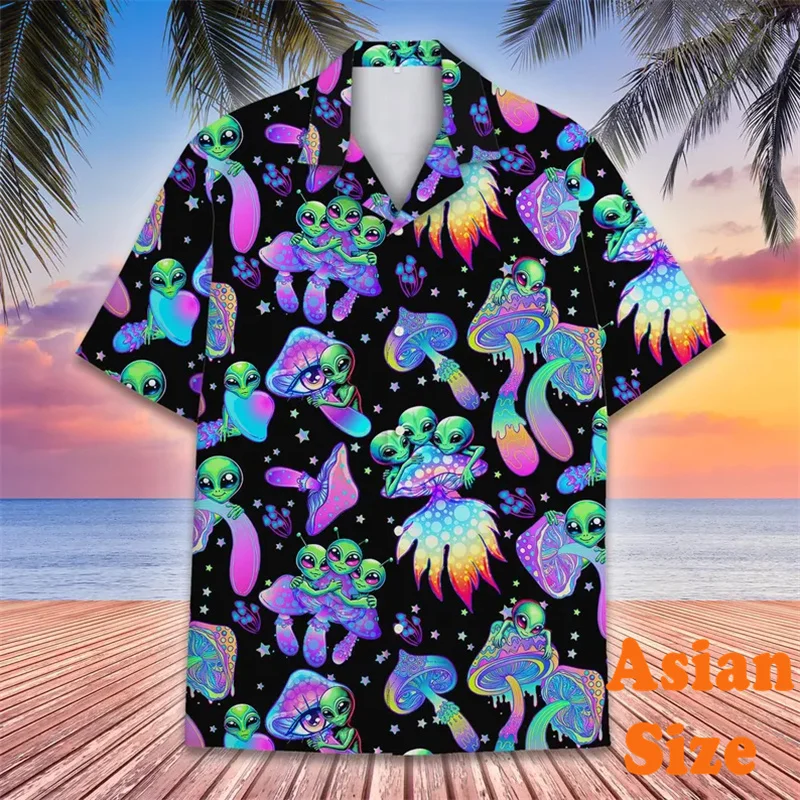 Fashion 3D Print Psychedelic Mushroom Hawaiian Shirt Harajuku Personality Lapel Button Shirts Summer Alien Hip Hop Hot Blouse