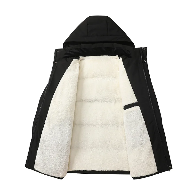 Winter Men Plush Jacket New Simple Solid Color Long Sleeve Male Detachable Hooded Coat Thicken Fleece Windproof Man Outerwear