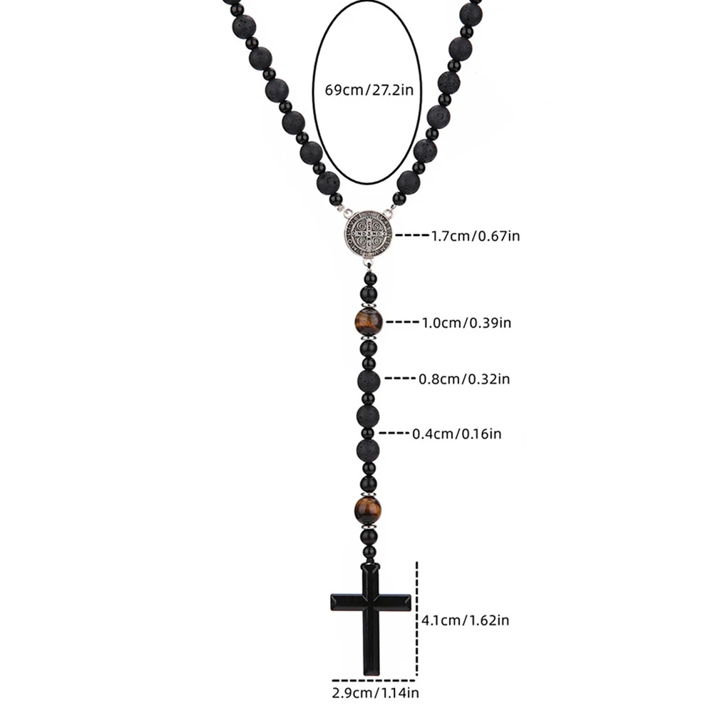 Lava Stone Black Obsidian Yellow Tiger-eye Beads Cross Pendant Y Necklace for Men