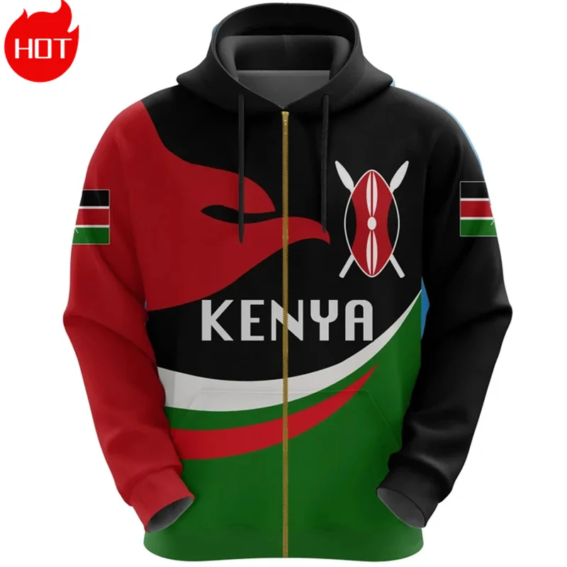 3D The Republic-of Kenya Ethnic Emblem Printing Zip Up Hoodies Kenya Flag Map Graphic Zipper Sweatshirts Fashion Mens Clothing