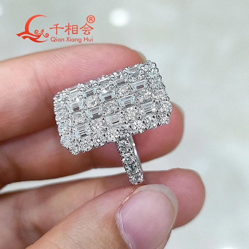 

10k 14k 18k white gold 17.5*21mm big rectangle shape emerald round ring Moissanite Ring Men women Male fine Jewelry gitf wedding