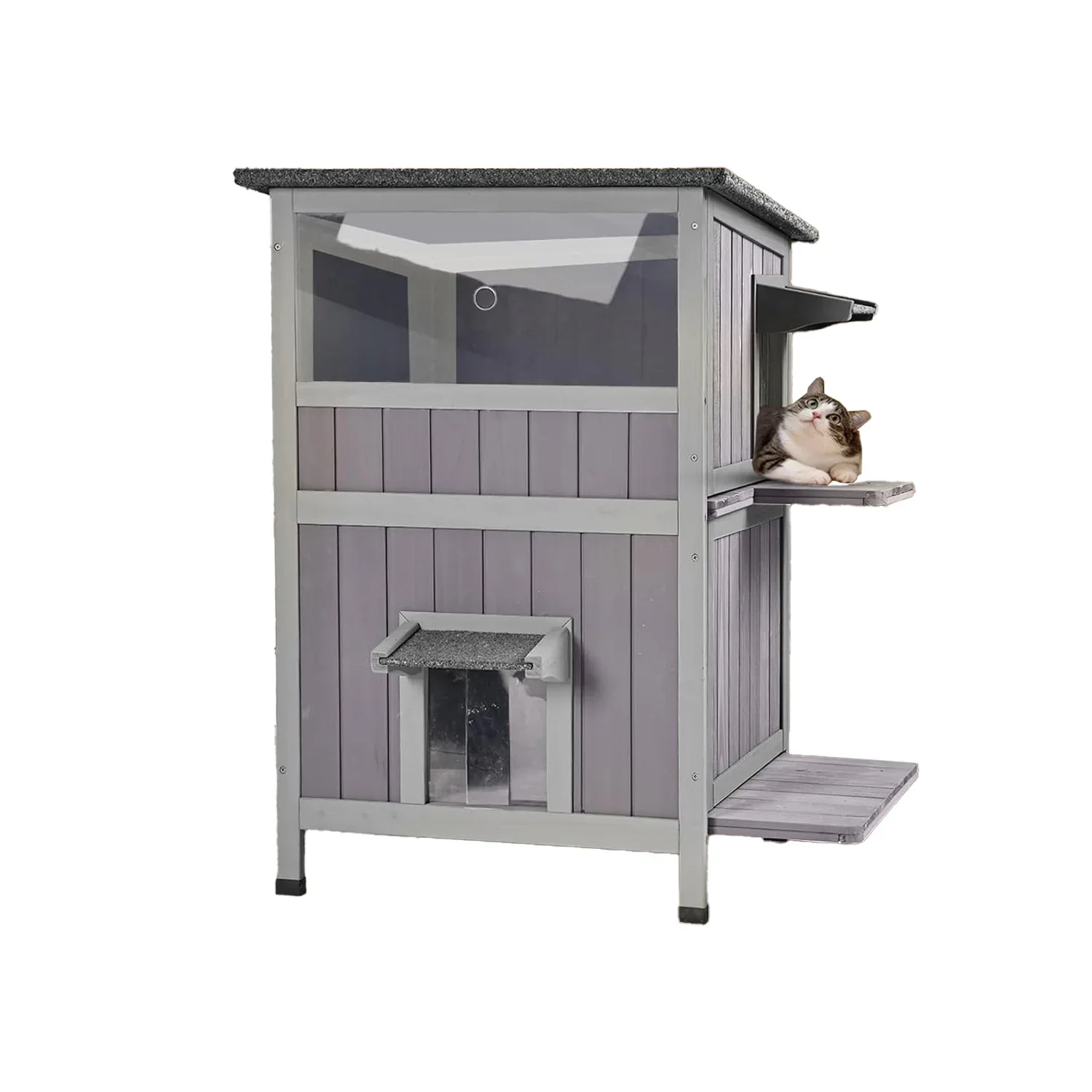 aCustom Two-Story Luxury Wooden Cat House Pine Wood Outdoor Cat Shelter With Weatherproof Escape Door For Dogs