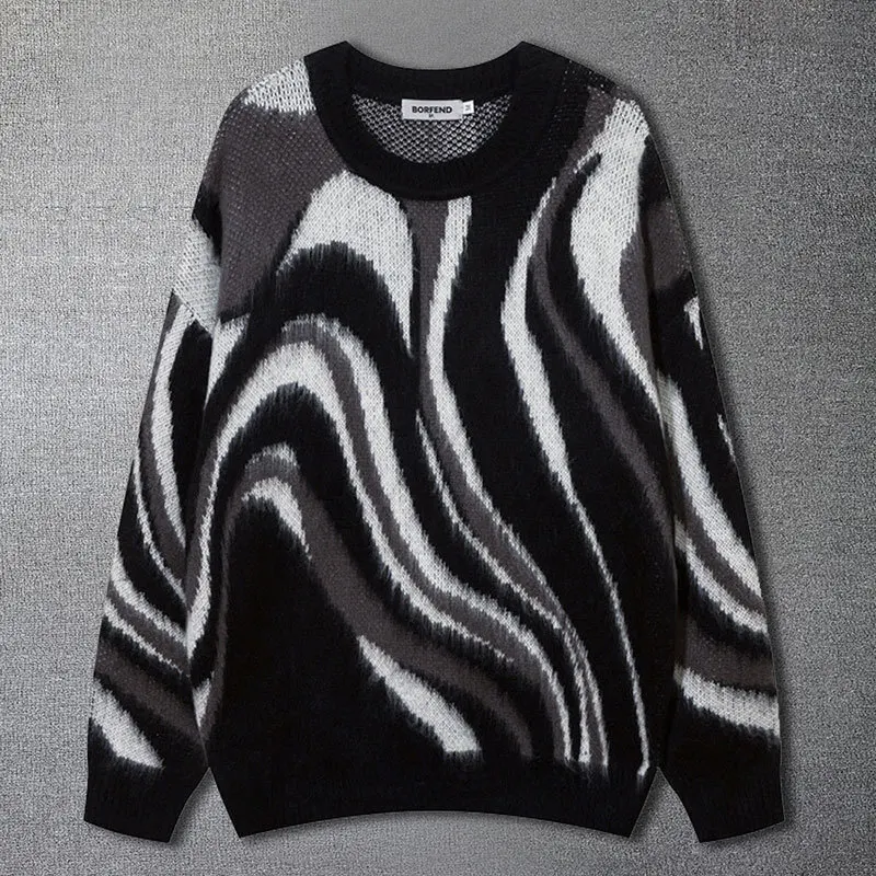 Contrast Print Sweater For Men Knitted Round Neck Sweater 2023 Fall Stripe Pattern Contrast Print Sweater Mens Pullover Sweater