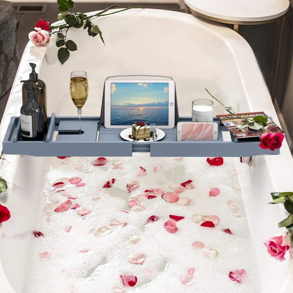 

Расширяемый бамбуковый поднос для ванны с подставкой для книг и мыльницей - регулируемая роскошная корзина для ванны для расслабляющего спа (29,4-44,2 дюйма)