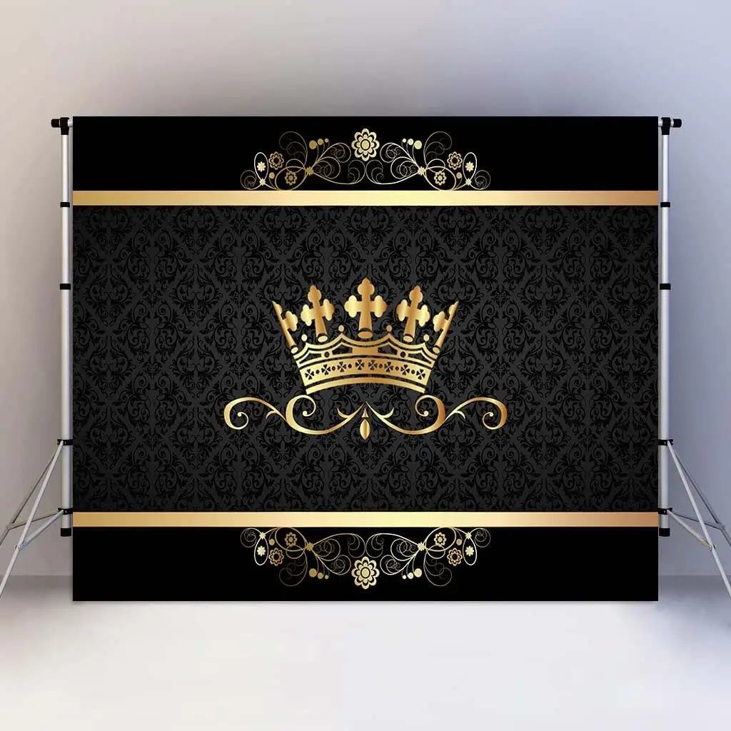Crown Pattern Photography Backdrop Black Crown Royal Gold Patterns Background Celebration Party Decorations Photo Booth