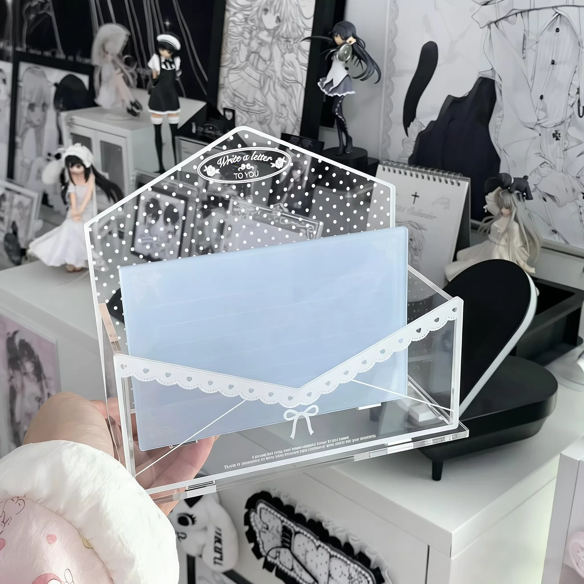 Polka Dot Envelope Series Acrylic Storage Rack, Lace Bow Multi-purpose Kawaii Organizer Tray for Collecting Merch & Desk Decor