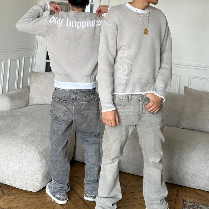 Harajuku décontracté or chandails col rond unisexe Boxy pulls populaire automne gothique symbole broderie motif pull