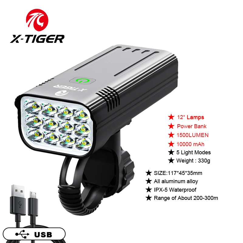 X-TIGER Bicycle Light 10000mAh Powerful Bike Light Front IPX5 Waterproof USB Charging MTB Road Cycling Lamp Bike Accessories